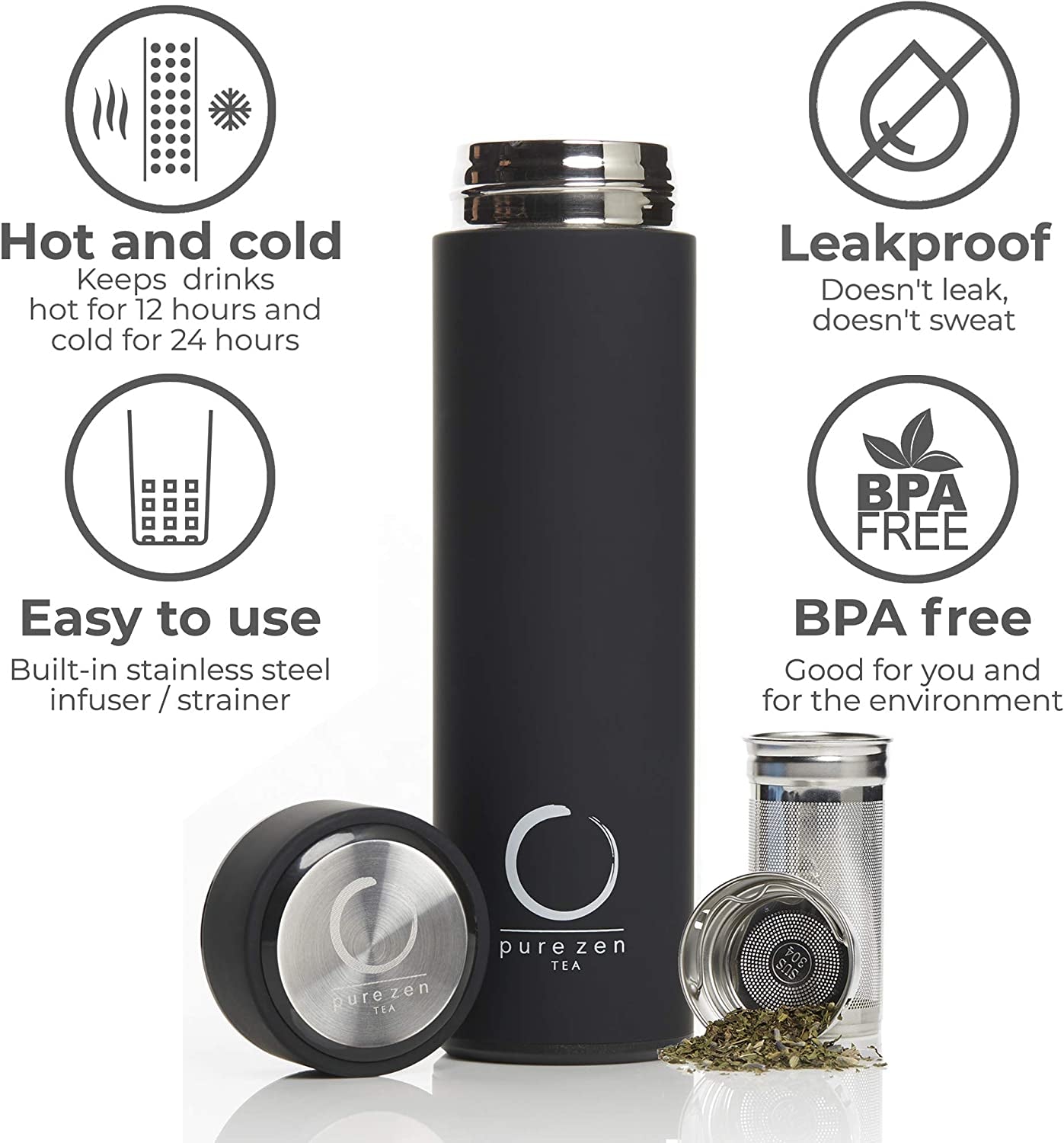 Thermos with Infuser for Tea, Coffee and Fruit-Infused Water - Stainless Steel - Tea Infuser Bottle - Leakproof Travel Mug with Filter - 15Oz - Black