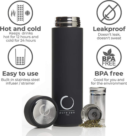 Thermos with Infuser for Tea, Coffee and Fruit-Infused Water - Stainless Steel - Tea Infuser Bottle - Leakproof Travel Mug with Filter - 15Oz - Black